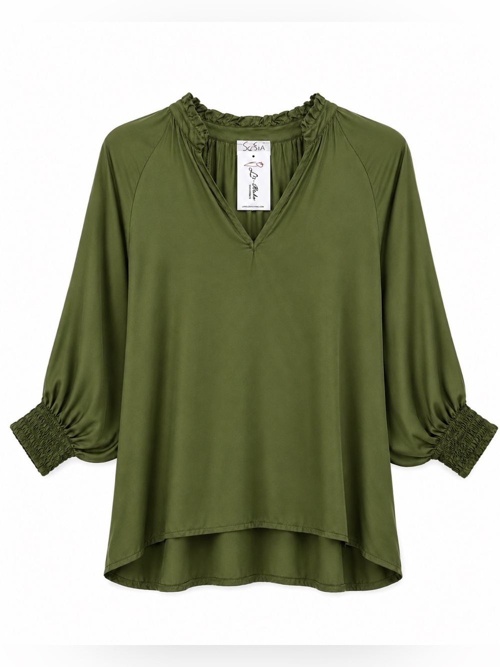 Sofia | NWT Andrea Green Olive Made in Italy Italian Satin High Low V Neck Top M